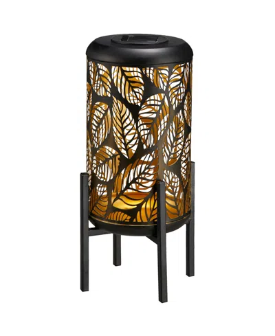 Glitzhome 14.25" H Black And Gold-tone Metal Cutout Leaves Pattern Solar Powered Led Outdoor Lantern With Stan In Multi