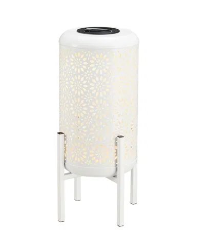 Glitzhome 14.25" H Metal Cutout Flower Pattern Solar Powered Led Outdoor Lantern With Stand In White