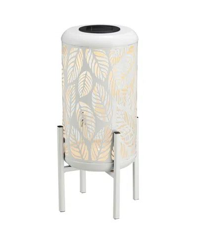 Glitzhome 14.25" H Metal Cutout Leaves Pattern Solar Powered Led Outdoor Lantern With Stand In White