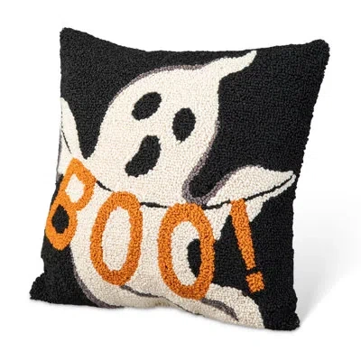 Glitzhome 14"h Hooked Halloween Ghost "boo" Pillow In Black;white;orange