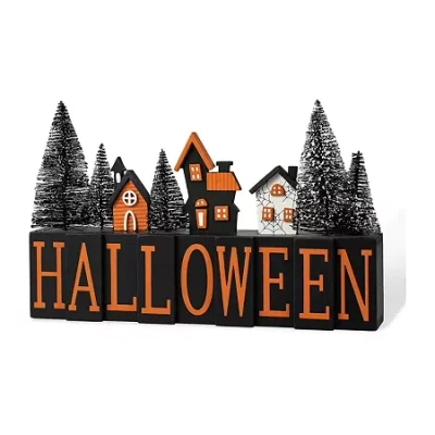 Glitzhome 14"wooden Haunted House Table Sign Halloween Tabletop Decor In Orange