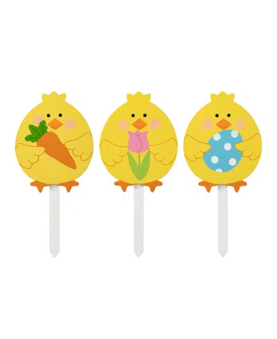 Glitzhome 15" H Easter Wooden Chick Pick, Yard Stake, Set Of 3 In Yellow
