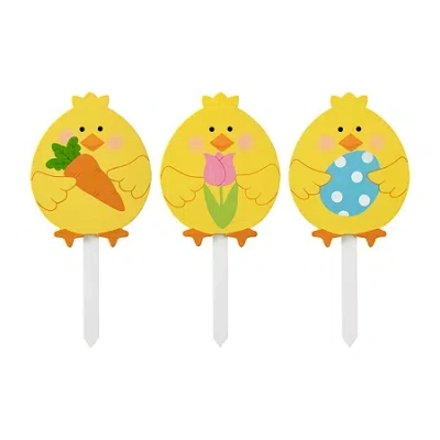 Glitzhome 15" Set Of 3 Chick Stake Easter Yard Art In Yellow