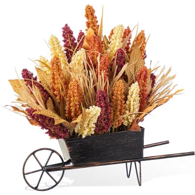 Glitzhome 15"h Fall Multi-colored Sorghum Cart Centerpiece In Brown