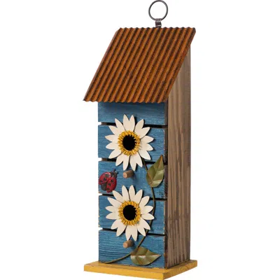 Glitzhome 15"h Solid Wood And Metal Daisy Decorative Outdoor Garden Birdhouse In Blue