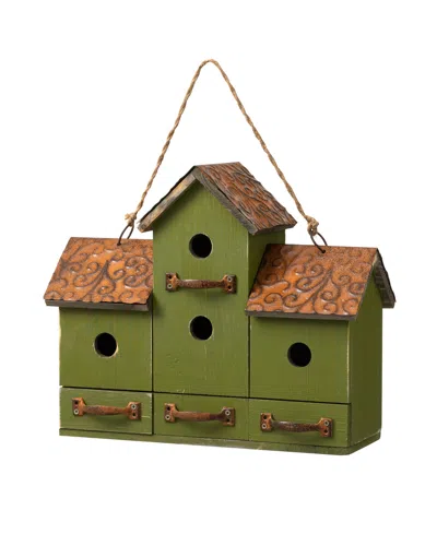 Glitzhome 16.25 In. L Oversized Washed Green Distressed Solid Wood Villa Garden Birdhouse With Drawer Shaped Birdfeeder 2003100059
