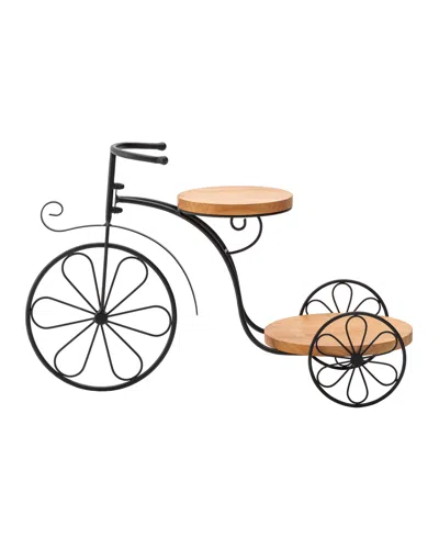 Glitzhome 18" L Metal Tricycle Planter Stand With Natural Solid Wood Tray In Black