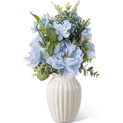 Glitzhome 18"h Blue Peony & Hydrangea With Ceramic Vase Centerpiece