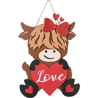 Glitzhome 18"h Valentine's Wooden Highland Cow With Heart Door Hanger In Multi