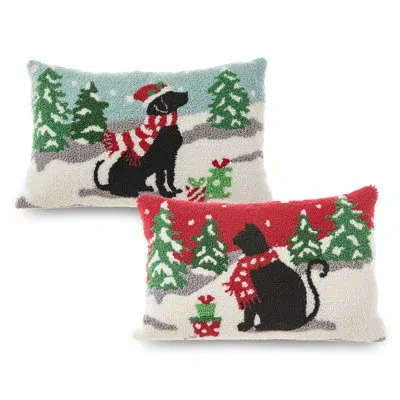 Glitzhome 18"l Hooked Christmas Cat & Dog Pillow(set Of 2) In White;red
