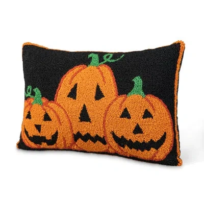 Glitzhome 18"l Hooked Halloween Pumpkins Pillow In Black;green;orange