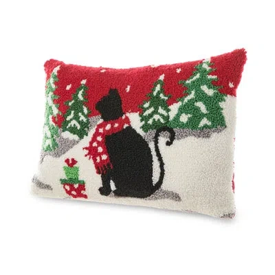 Glitzhome 18"x12" Hooked Christmas Cat Pillow In White;red