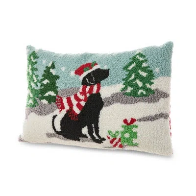 Glitzhome 18"x12" Hooked Christmas Dog Pillow In White;green