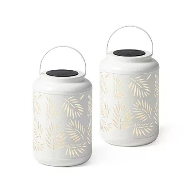 Glitzhome 2-pc. 8.75" Metal Leaf Solar Decorative Lantern In White