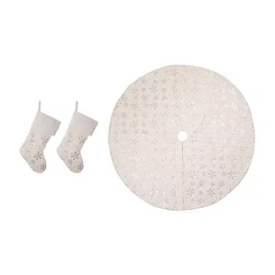 Glitzhome 2 White Plush Snowflake Christmas Stockings & 1 White Plush Snowflake Christmas Tree Skirt