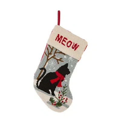 Glitzhome 20" Cat "meow" Hooked Christmas Stocking In White