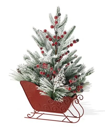 Glitzhome 21" H Christmas Red Sleigh Frosted Floral Centerpiece In Multi