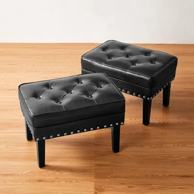 Glitzhome 22" Wide Faux Leather Tufted Rectangle Standard Ottoman In Black,silver