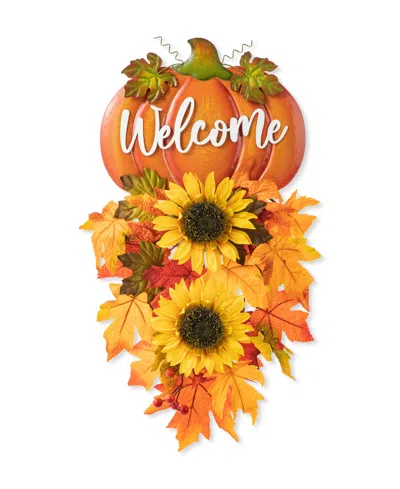 Glitzhome 22.5" H Fall Metal Pumpkin Sunflower Swag Wall Decor In Multi