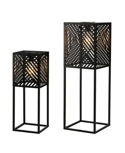 Glitzhome 23.75" H, 17.75" H Set Of 2 Metal Stripes Geometric Solar Powered Edison Bulb Outdoor Floor Lantern In Black