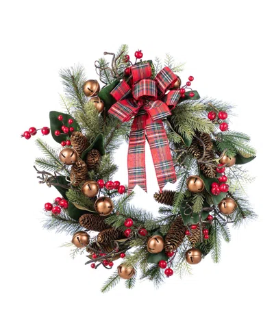 Glitzhome 24" Christmas Bell, Pinecone And Berry Bow Wreath In Multi