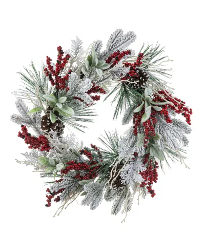 Glitzhome 24 D Christmas Flocked Pinecone Berry Wreath In Multi