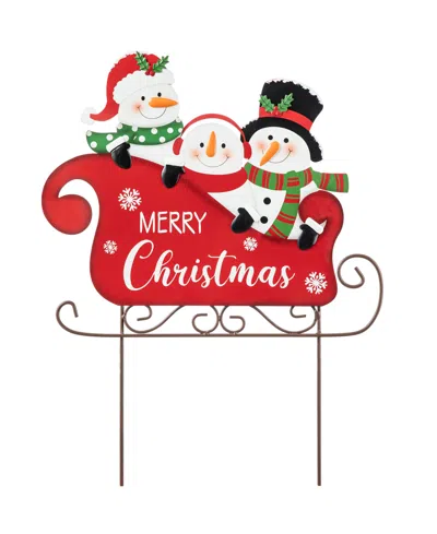 Glitzhome 24" H Metal Snowmen Riding Sleigh Yard Stake In Multi