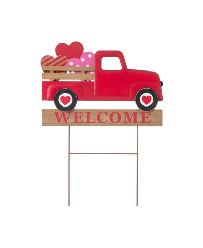 Glitzhome 24" Metal And Wooden Valentine's Truck Yard Stake Or Hanging Sign In Red