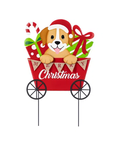 Glitzhome 24" Metal Christmas Dog And Gift Cart Yard Stake In Multi