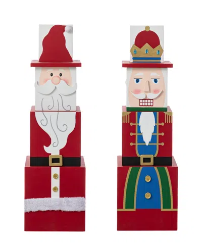 Glitzhome 24.5" Wood Christmas Santa And Nutcracker Reversible Boxed Porch Decor In Multi