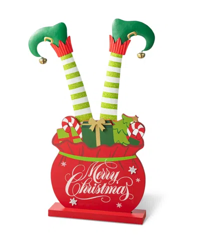 Glitzhome 24.5"h Christmas Wooden/metal Elf Legs In Gift Box Porch Decor In Multi