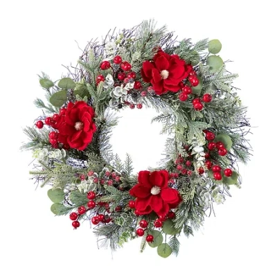 Glitzhome 24"d Christmas Red Mangnolia & Berry Wreath Floral Arrangement