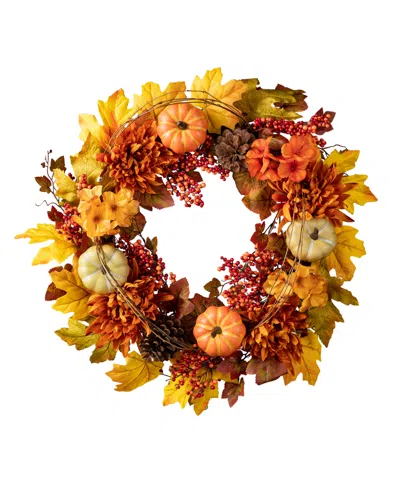 Glitzhome 24"d Fall Dahlia Pumpkin, Leaf And Berry Wreath In Multi