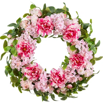 Glitzhome 24"d Hydrangea Peony & Cherry Wreath With A Wreath Hanger In Pink