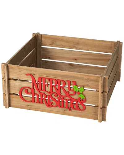 Glitzhome 24in Merry Christmas Wooden Crate Tree Collar In Brown