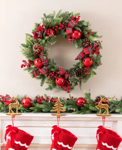Glitzhome 26" Christmas Bell Pinecone Berry Bow Wreath In Red