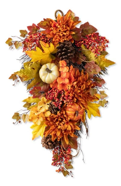 Glitzhome 27"h Fall Dahlia Pumpkin Leaf And Berry Teardrop In Orange