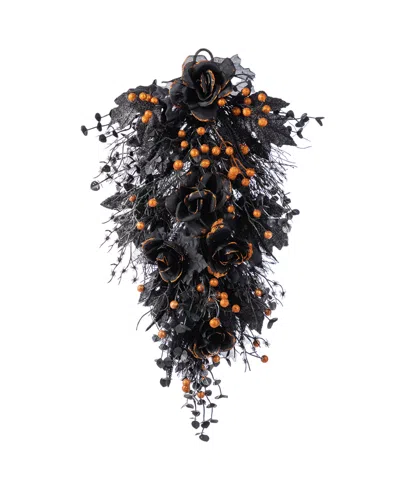 Glitzhome 28" Halloween Black Rose And Berry Swag Metal Wreath Hanger In Multi