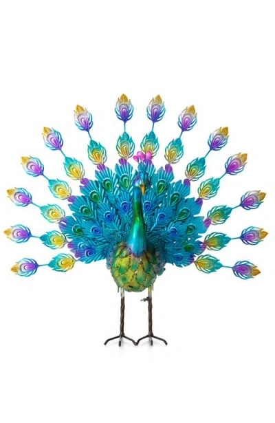 Glitzhome 28.75"w Metal Peacock Tail Spread Garden Statue With Stakes In Multi