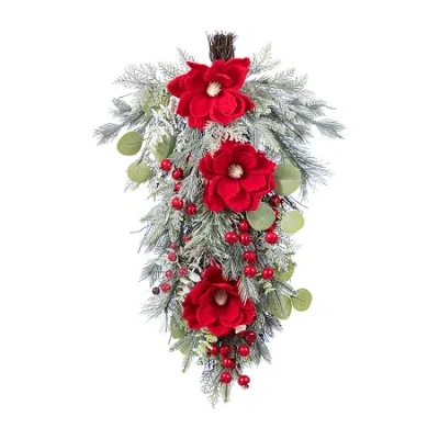 Glitzhome 28"h Christmas Red Mangnolia & Berry Teardrop Floral Arrangement