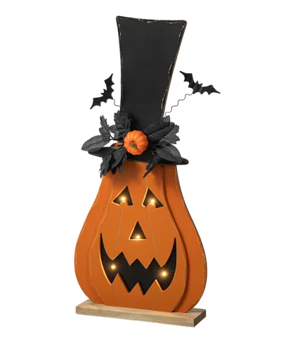 Glitzhome 29.5"h Halloween Lighted Wooden Jack-o-lantern Porch Decor With Floral Timer In Multi
