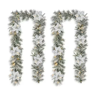 Glitzhome 2pc 9ft Pre-lit Flocked Indoor Christmas Garland In Green