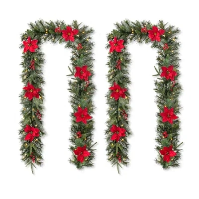 Glitzhome 2pc 9ft Pre-lit Red Berries Indoor Christmas Garland In Green