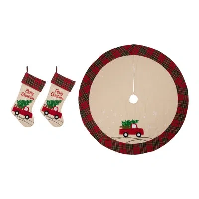 Glitzhome 3 Piece Christmas Tree Skirt And Stocking Set