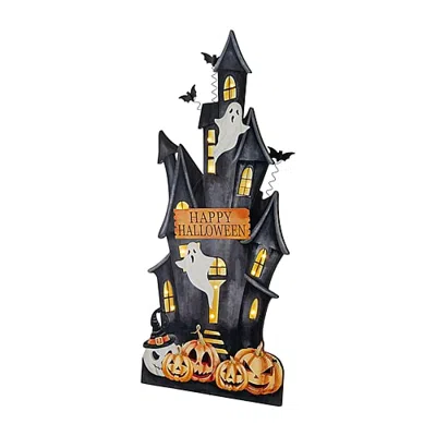 Glitzhome 30" Lighted Wooden Haunted House Halloween Porch Sign In Black