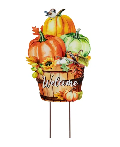 Glitzhome 30.25"h Fall Metal Pumpkins With Barrel Yard Stake In Multi