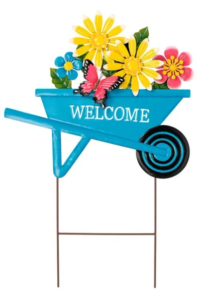 Glitzhome 30"h Metal Spring Garden Cart Yardstake Or Wall Décor In Blue