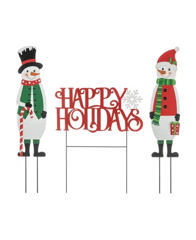 Glitzhome 32"h Set Of 3 Christmas Metal Snowman And Happy Holidays Yard Stake In Multi