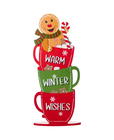 Glitzhome 34.5" Wooden Christmas Gingerbread Man On Coffee Cup Porch Decor In Multi