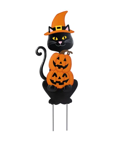 Glitzhome 36" Halloween Metal Black Cat With Spring Head And Stacked Pumpkin Yard Stake In Multi